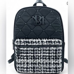 Badgley Mischka Backpack Tweed Quilted Studded Black/White
